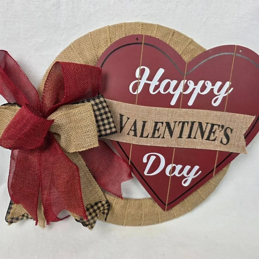 Happy Valentine's Day Heart Sign Burlap Wreath Red Bow Wooden Door Hanger Decor